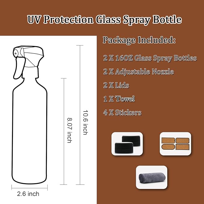 OFFIDIX Glass Spray Bottles for Cleaning,16 OZ 2 Pack Continuous Empty Water Mister Spray Bottles for Hair,Plants Mister,Adjustable Nozzle,Amber