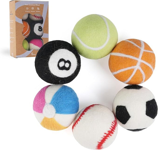 Wool Dryer Balls XL Size 6 Pack - Fun Dryer Balls with Ball Patterns Cute Dryer Balls Laundry Reusable Anti Static Handmade New Zealand Wool Balls (Ball Patterns with Primitive Color)