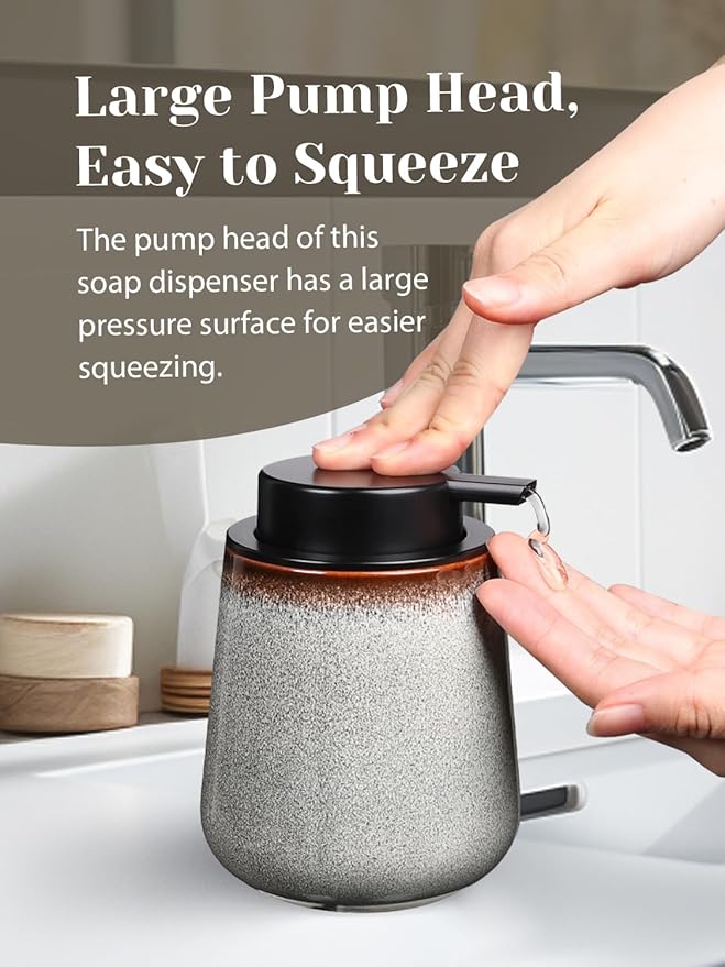 INGOFIN Ceramic Lotion Dispenser - 12 oz Refillable Hand Soap Dispenser Bathroom, Modern Liquid Dispenser with Pump, Dish Soap Dispenser for Kitchen, Kiln-Glazed
