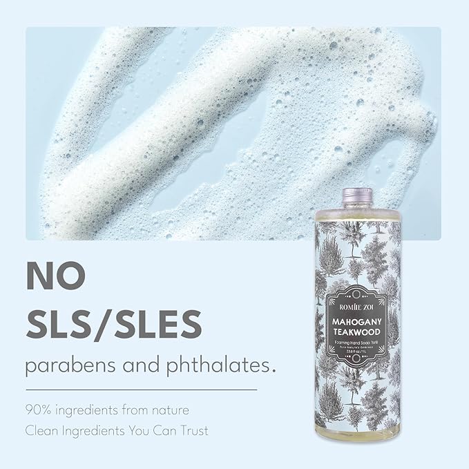 ROMIIE ZOI Foaming Hand Soap Refill Gift Set – Teakwood Scent – 3 Pack (1000ML Each) with Dispenser – Gentle & Moisturizing Plant-Based Formula – Bulk Refill Bottles for Bathroom & Kitchen Use