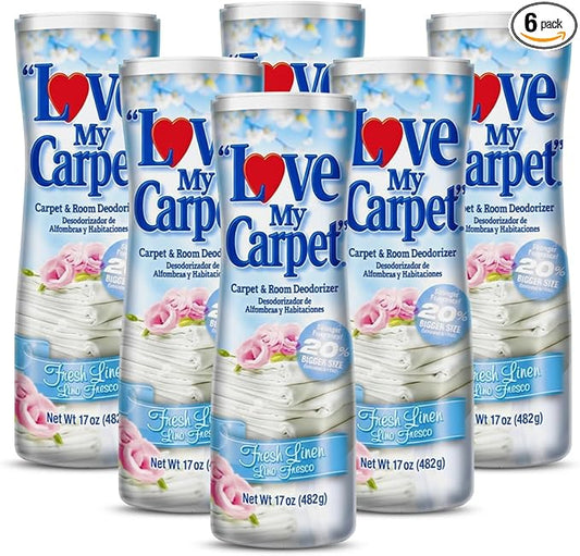 6 Love My Carpet | Carpet Deodorizer & Freshener Powder | 17 oz Pet Odor Eliminator for Strong Odor & Pet Urine | FRESH LINEN | Safe for Homes with Pets