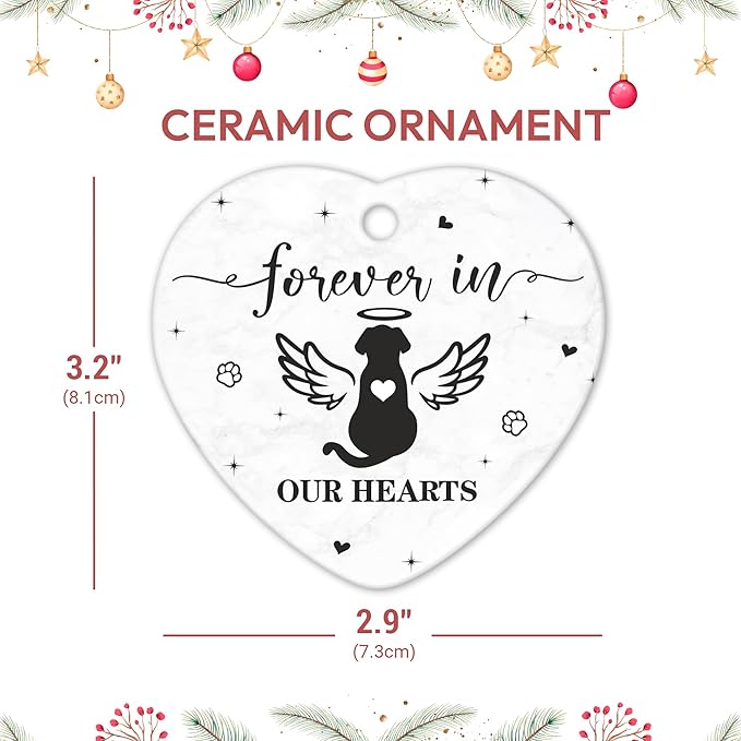 Hyturtle Dog Memorial Heart Ornament - Ceramic Pet Loss Keepsake with Angel Wings - Forever in Our Hearts Remembrance Christmas Ornament for Dog Lovers - 3 Inch Ceramic Hanging Gift Memorial 8