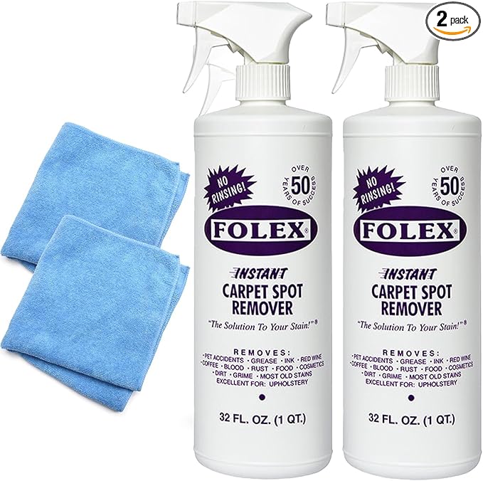 Folex 2 Instant Carpet Spot Removers (32 oz) & Reusable Microfiber Cleaning Cloths (15x15 in) - Household Stain Treater Kit