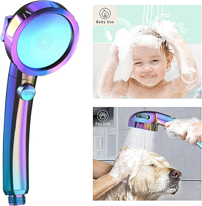 KAIYING Drill-Free High Pressure Handheld Shower Head with ON/OFF Switch, 3 Spray Modes - Polished Finish, Shower Head (Radiant Rainbow) + Bracket + Hose