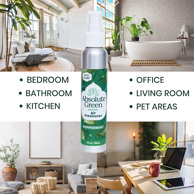 Absolute Green Air Freshener Room Spray, Non-Toxic, Cover Odors, Safe around Kids and Pets, Natural Peppermint Scent 4oz (Pack of 2)