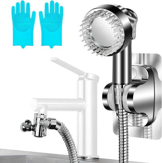 Dog Shower Attachment Set, 6.6 Ft Stainless Steel Pet Shower Hose with 3-Way Diverter Valve & Grooming Sprayer for Easy Pet Bathing – Includes Sprayer Nozzle, Holder, Adapters, & Grooming Gloves