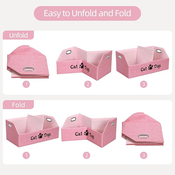 Cat Toy Basket, Kitten Toys Storage Organizer Foldable Fabric Bin Pet Supplies Chest Holder Trapezoid Container with Metal Handles for Organizing Cats Clothes Accessories, Pink