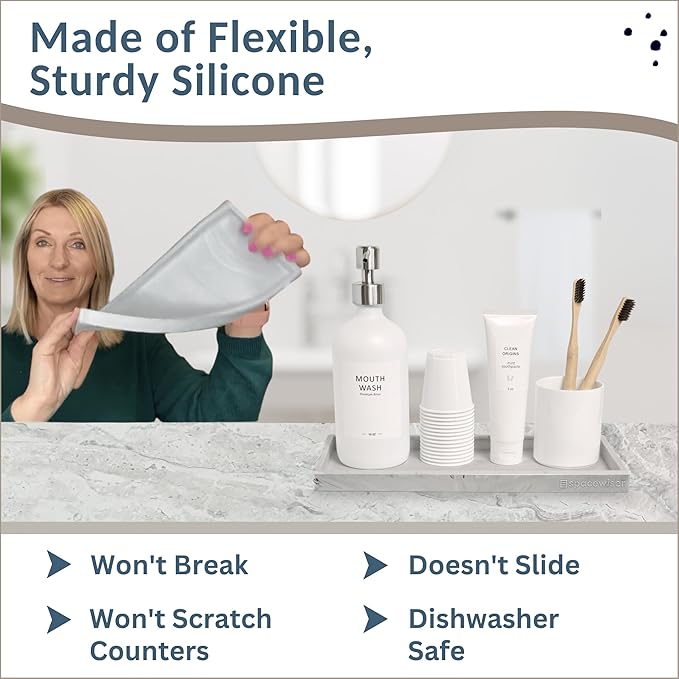 Countertop and Vanity Tray - 11.7" Silicone Bathroom Tray Countertop, Dish Soap Trays for Kitchen Counter, Sink Organizer Accessories Caddy, Toilet Laundry Shower Makeup Mat Oil Holder