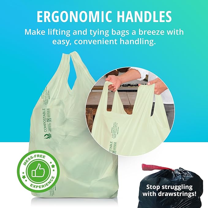 Hippo Sak - 13 Gallon Tall Kitchen Compostable Bags with Ergonomic Handles - Reinforced Bottom and Leak Proof Bags (45 Count)