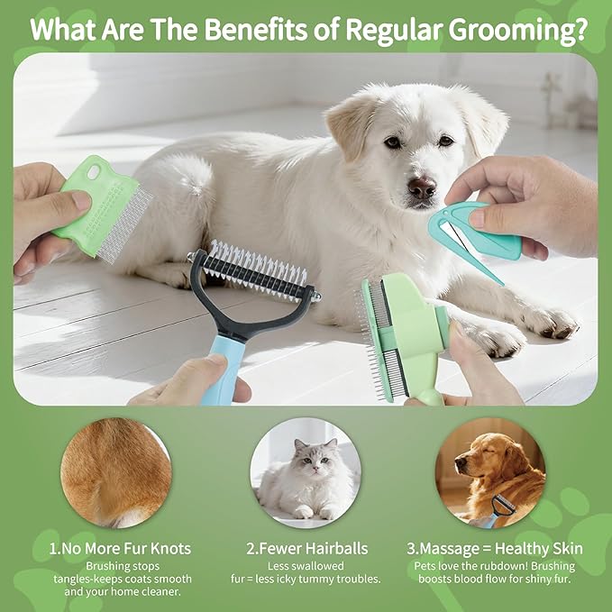 5-Piece Flea Comb Set - Dog Brush, Cat Brush, Flea Comb for Cats, Dog Brush for Shedding, W/Dematting Comb/Scissors, 2-in-1 Massage, Ergonomic Grip, Fit All Pet Breeds & Fur Types