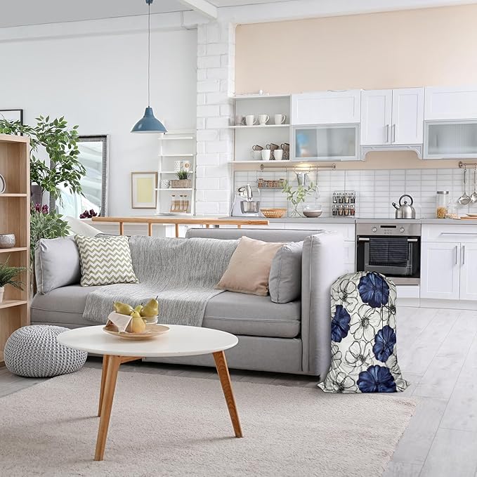 Swono Wild Flower Extra Large Huge Heavy Duty Polyester Laundry Storage Bag with Drawstring, Dark Navy Blue Floral Sketch Washable Travel Dirty Clothes Bag Hamper Liner