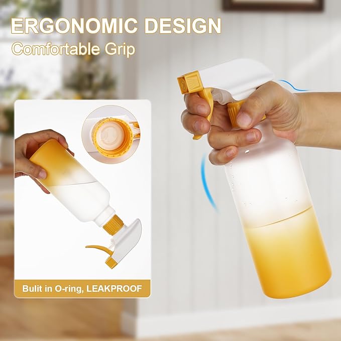 Plastic Spray Bottles 12oz 2 Pack Adjustable Mist/Stream Spraying Heavy Duty Square Water Spray Bottles for Hair, Cleaning Solutions, Plants，Essential Oils (Yellow)