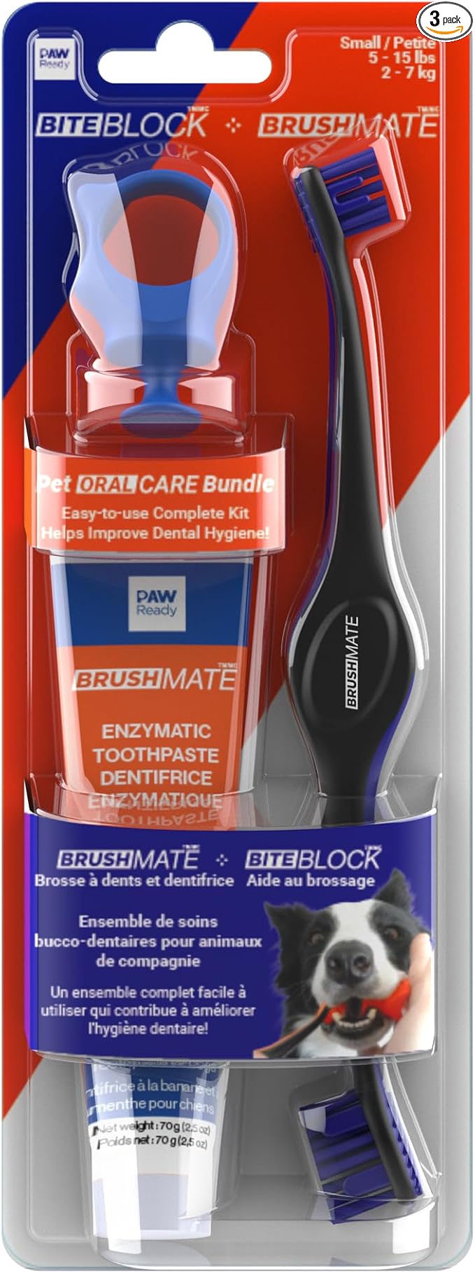 Paw Ready Doggy Breath to Doggy Fresh Dog Dental Care Kit Includes Enzymatic Toothpaste, Dual Brush Head Toothbrush with Angled Bristles and Blue Bite Block to Gently Keep Pets Jaw Open (Blue, Small)