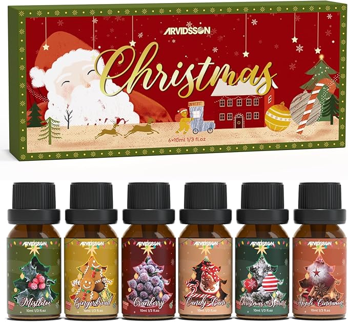 ARVIDSSON Christmas Fragrance Oil Set, Winter Essential Oils for Diffuser, Candle Making - Christmas Spirit, Gingerbread, Apple Cinnamon, Candy Cane, Mistletoe, Holiday Diffuser Oils Gift Set