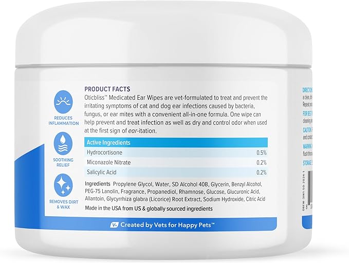 Vetnique Oticbliss Cat & Dog Ear Wipes - Dog Ear Infection Treatment or Dog Ear Cleaner Wipes for Dirty, Waxy, Smelly Dog Ears, Odor Control with Aloe Vera & Salicylic Acid (Medicated Ear Wipes)