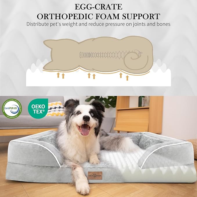 Comfort Expression Orthopedic Dog Bed for Large Dogs 38x25 Inch, Waterproof Egg Crate Foam Large Pet Bed with Removable Bolsters, Dog Couch with Washable Cover & Non-Slip Bottom, Grey White
