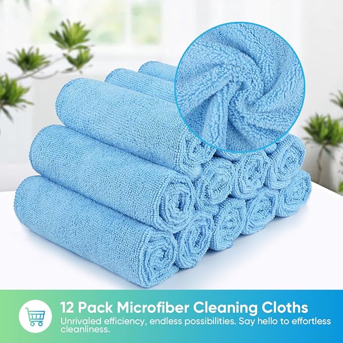 HOMEXCEL Blue Microfiber Cleaning Cloth, 12 Pack Premium Microfiber Towels for Cars, Lint Free, Scratch-Free, Highly Absorbent, Reusable Cleaning Rags for Car, Household, Kitchen, Window,11.5"X11.5"