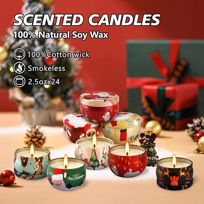 24 Pack Christmas Scented Candles - Natural Soy Wax Advent Candles, Smokeless Clean Burning with Cotton Wick, 2.5oz Mini Jar Candles for Holiday Gifts, Home Decor & Christmas Party Favors