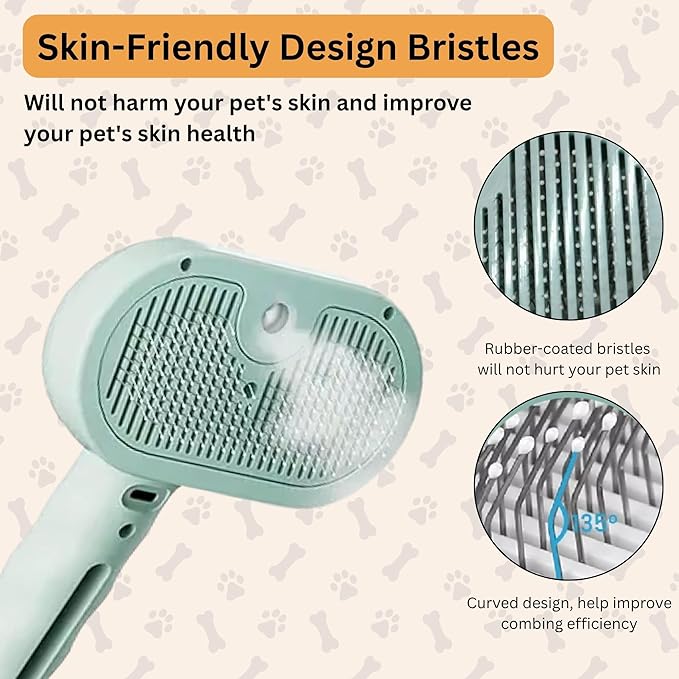 3-in-1 Anti-Static Pet Steam Brush for Dogs & Cats - Steam Clean, Calming Massage & Self-Cleaning Hair Ejection, Quick Heat-Up, USB-C Rechargeable, Low-Noise Deshedding & Dematting - Green