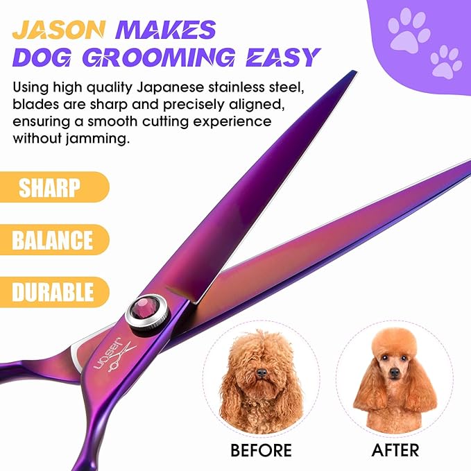 JASON Straight Scissors for Dogs - Updated 7.5" Dog Grooming Shears, Japanese 440C Stainless Steel Pet Shears, Professional Dog Cutting Scissors with Diamond Adjustable Screw