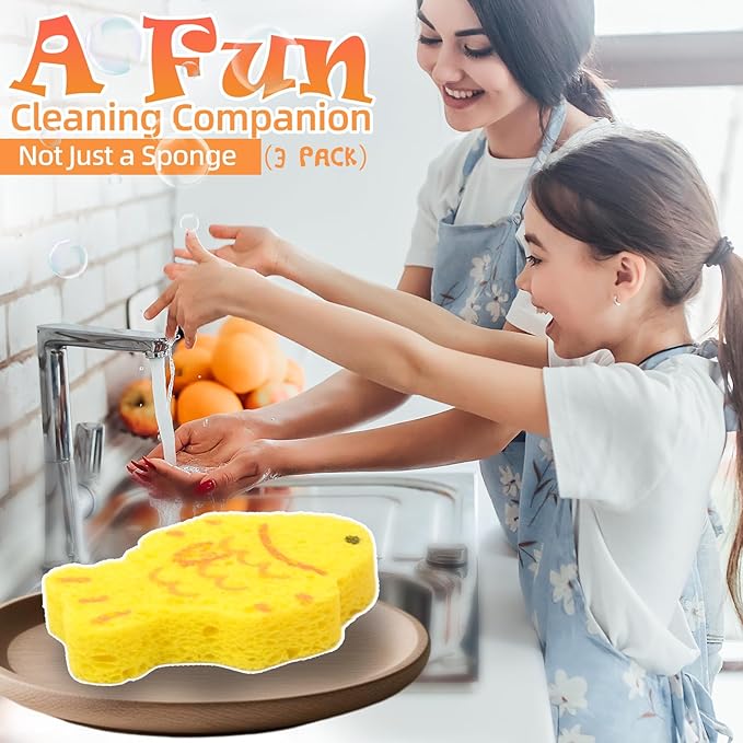 3 Pcs Cute Compressed Wood Pulp Cotton Sponges, Fish Animal-Shaped Reusable and Highly Absorbent for Dishwashing, Kitchen Surfaces, and Bathroom Cleaning