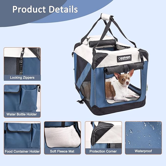 JESPET Soft Dog Crates Kennel for Pets, 3 Door Soft Sided Folding Travel Pet Carrier with Straps and Fleece Mat for Dogs, Cats(6-Lake Blue, Large(30" L x 21" W x 23" H))