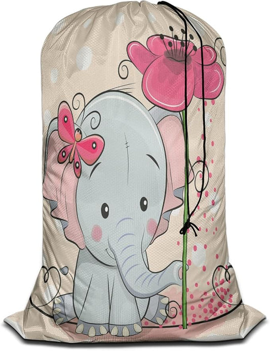 Swono Lovely Elephant Laundry Bag Dirty Clothes Organizer Cute Baby Elephant Wearing Bow Animal Cartoon Flower Extra Large Heavy Duty for Camp Home Dorm Room Essentials for Men Women