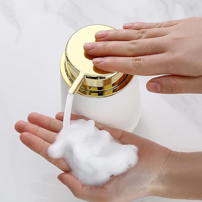 Matte White and Gold Foaming Hand Soap Dispenser Plastic 11 oz - Modern Luxury Style for Bathroom & Kitchen Countertop Refillable