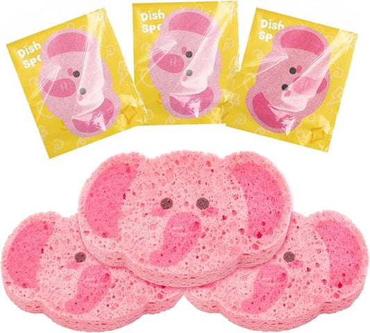 3 Pcs Cute Compressed Wood Pulp Cotton Sponges,Elephant Animal-Shaped Reusable and Highly Absorbent for Dishwashing, Kitchen Surfaces, and Bathroom Cleaning