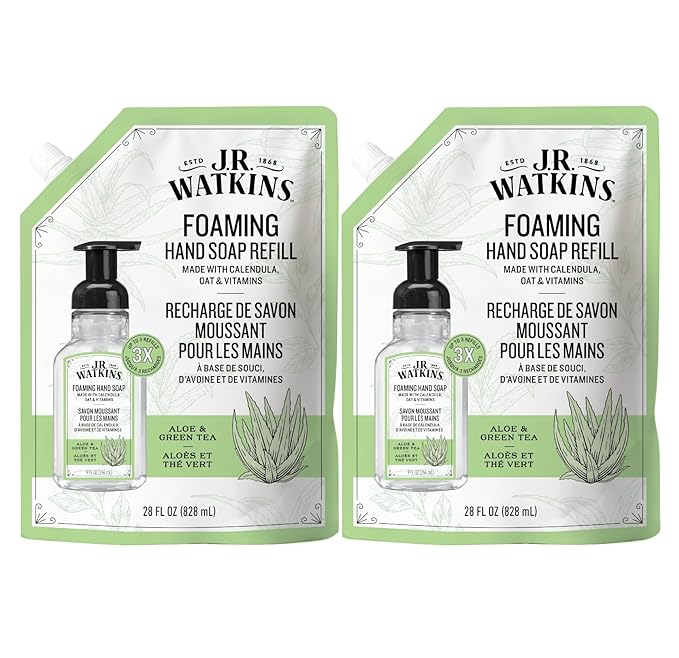 J.R. Watkins Foaming Hand Soap Refill, Moisturizing Foam Hand Wash, Formulated with Plant-Based Cleansers, Alcohol-Free, Cruelty-Free, Aloe & Green Tea, 28 fl oz, 2 Pack