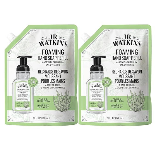 J.R. Watkins Foaming Hand Soap Refill, Moisturizing Foam Hand Wash, Formulated with Plant-Based Cleansers, Alcohol-Free, Cruelty-Free, Aloe & Green Tea, 28 fl oz, 2 Pack