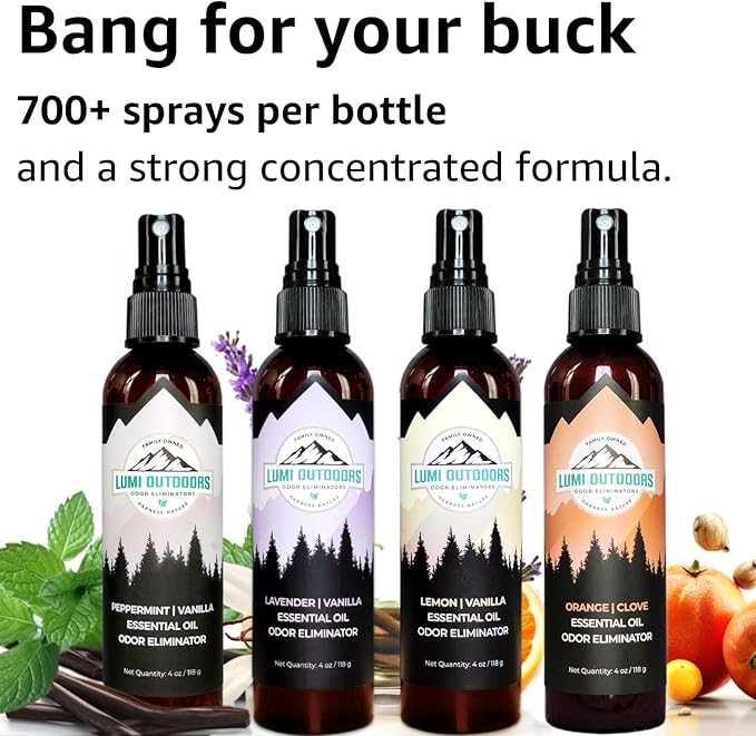 Lumi Outdoors Natural Air Freshener Spray - 4 Pack Bundle - Peppermint Vanilla, Lavender Vanilla, Lemon Vanilla, Orange Clove Room Sprays