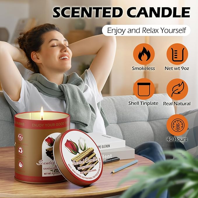 Decorative Candles for Home, Scented Wax, Indoor Use (Sandalwood & Rose)