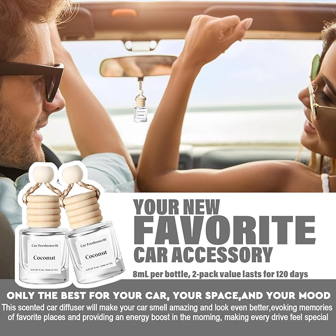 C Classy Car Air Freshener Hanging 2 Pack, Cute Coconut Air Freshener Essential Oil Diffuser, Long-Lasting Fragrance, Car air Fresheners for Women & Men Gift, Made in USA