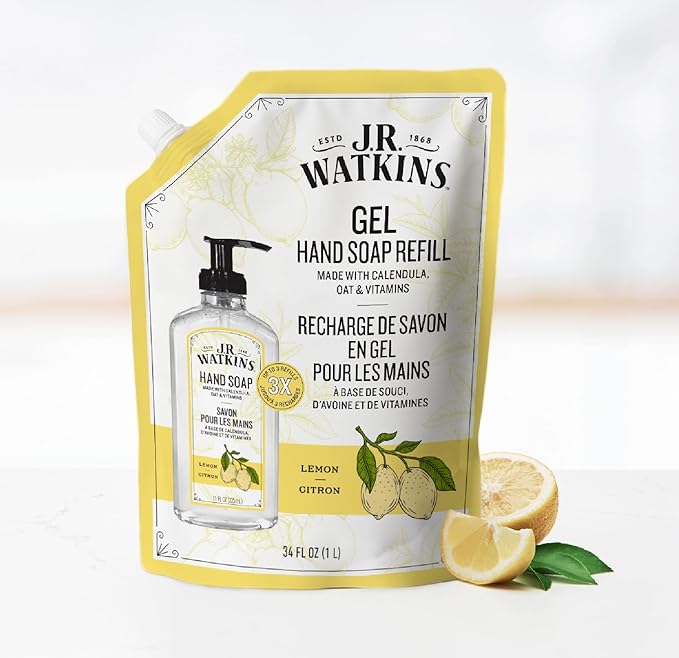 J.R. Watkins Gel Hand Soap Refill, Moisturizing Hand Wash, Formulated with Plant-Based Cleansers, Alcohol-Free, Cruelty-Free, Lemon, 34 Fl Oz, 2 Pack