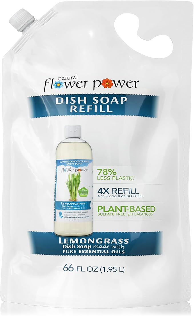 Natural Flower Power Liquid Dish Soap Refill – 66 Fl Oz Refills 4X – Plant-Based & Scented w/Pure Essential Oils – Natural Dishwashing Detergent – Sulfate-Free Kitchen Soap (Lemongrass)