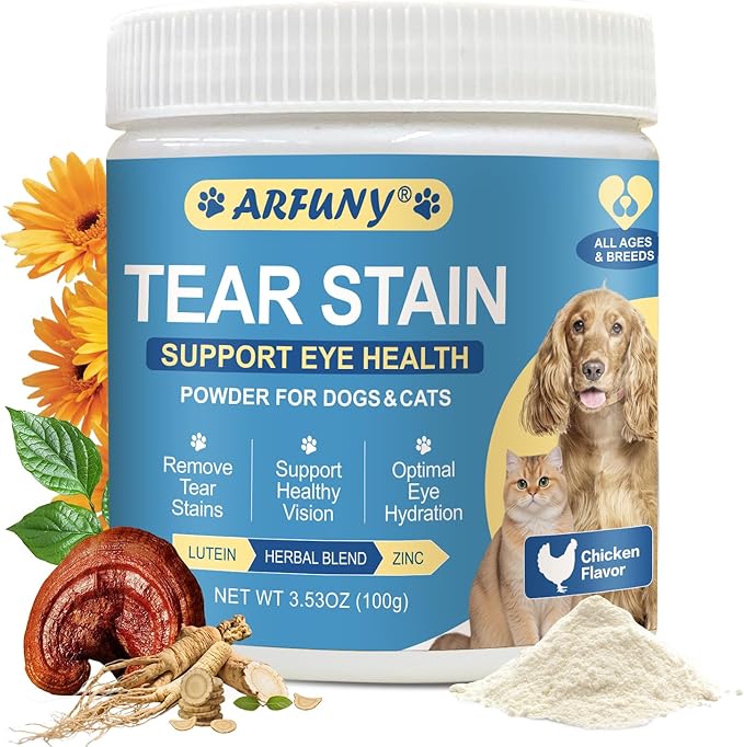 Tear Stain Remover for Dogs & Cats - Pet Tear Stain Supplement - Daily Support for Overall Eye Health - with Lutein, Zinc, Lactoferrin, Vitamins - Chicken Flavor Powder, for All Breeds