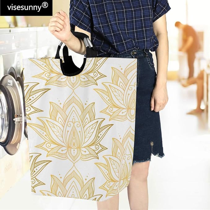 visesunny Collapsible Laundry Basket Gold Lotus Flower Large Laundry Hamper Oxford Fabric Dirty Clothes Toy Organizer with Handle For Bathroom Kids Room Dorm
