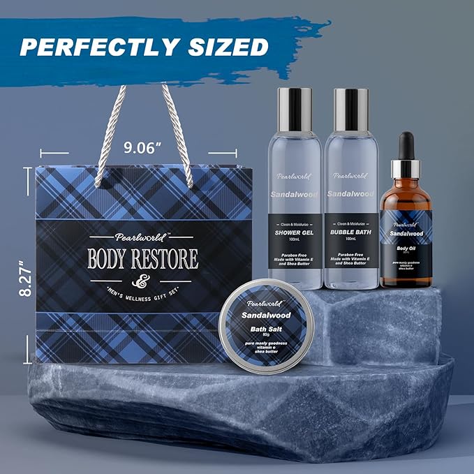 PEARLWORLD Bath Set with Ocean Scented Spa Gifts for Men, Christmas Birthday Self Skin Care Set for Men, Spa Gift Baskets for Him, 12Pcs Men's Spa Kit Gifts for Bath Spa