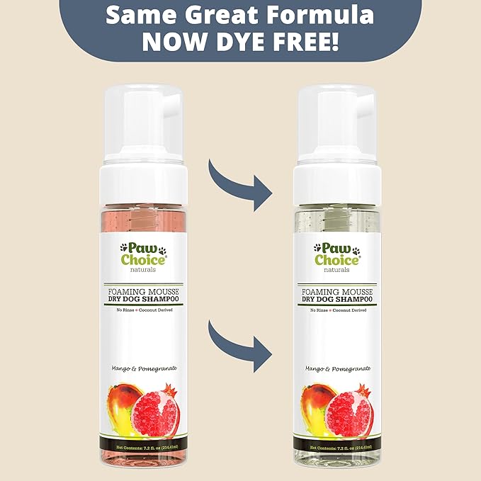 Paw Choice Dog Dry Shampoo - Hypoallergenic Waterless No Rinse Foam - Natural Coconut-Derived Cleanser - Quickly Deodorizes, Cleans & Conditions Between Baths - Made in USA - Mango Pomegranate