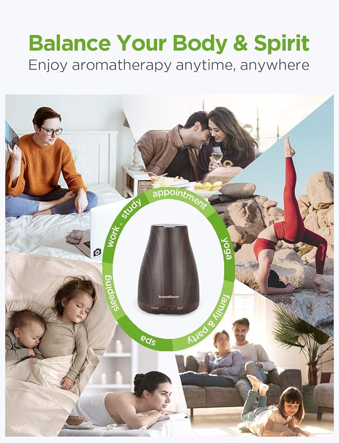 InnoGear Essential Oil Diffuser, Premium 5-in-1 Diffusers for Home Scent Aromatherapy Diffuser Air Desk Humidifier for Bedroom Large Room Office 7 Color LED 2 Mist Mode Waterless Auto Off, Brown
