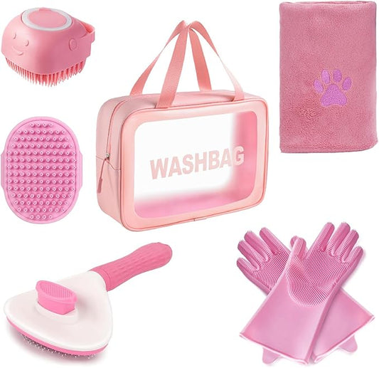 6PCS Pink Dog Washing Kit with Dog Brush, Shampoo Brush, Bath Scrubber,Washing Gloves, 39.7" × 20.5" Towel and Big Toiletries Bag.