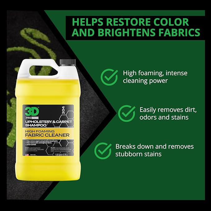3D Upholstery & Carpet Shampoo - High Foam Stain Remover & Odor Eliminator Shampoo 1 Gallon