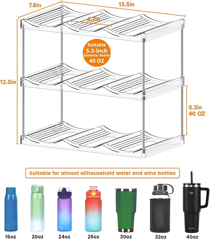 Stackable Water Bottle Organizer for Cabinet,3 Pack Water Bottle Holder for Stanley Yeti 40 oz Bottle Shelf,Clear Tumbler Storage Organizer,Wine Rack,Cup Organizer for Kitchen Cabinets Counter Pantry