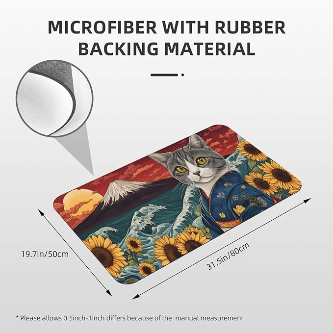 Japanese Waves Cat Bath mats Quick Dry Absorbent Bath Rugs Rubber Non Slip Bath Mat for Bathroom Floor Tub Shower Sink 20"×31.5"