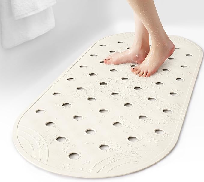 Rubber Bathtub Mat Shower Mat Non-Slip, 31x14 Inch, Bath Tub Floor Mat with Suction Cups and Drainage Holes, Ivory White