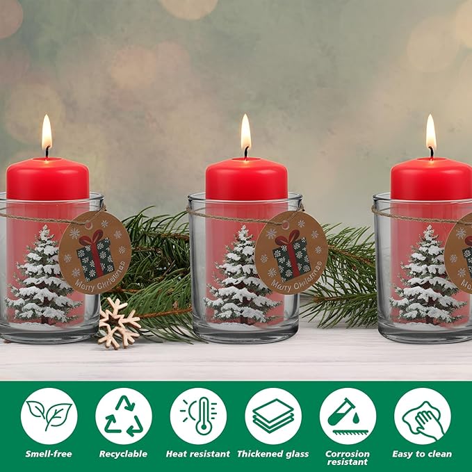 12 Pack Christmas Trees Clear Candle Jars for Making Candles 7 oz Empty Glass Jars with Wood Lids and Blessing Card Xmas Pine Candle Containers for DIY Gifts Home Tea Party Holiday Decor