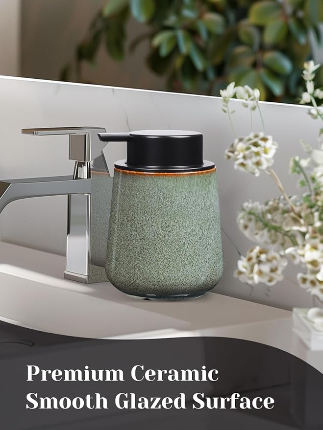 INGOFIN Ceramic Lotion Dispenser - 12 oz Refillable Hand Soap Dispenser Bathroom, Modern Liquid Dispenser with Pump, Dish Soap Dispenser for Kitchen,Kiln-Glazed Green