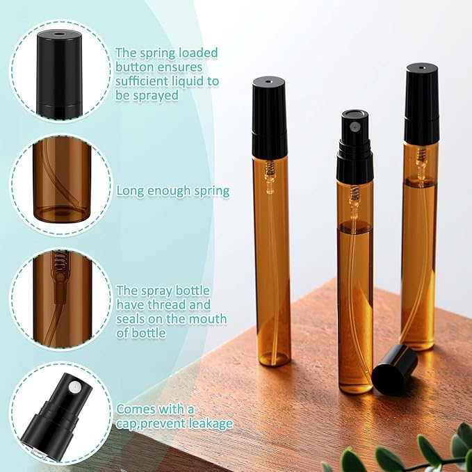 Zhehao 50 Pcs Mini Spray Bottles 10ml Clear Glass Perfume Bottles Refillable Fine Mist Perfume Atomizer Portable Empty Sample Containers for Cleaning, Essential Oils, Travel (Amber)