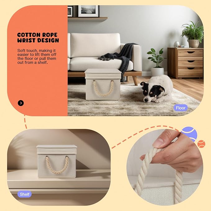 Dog Toy Basket with Lid, Dog Basket for Toys, Dog Toy Box with Cotton Rope Handles, Collapsible Storage Bins for Dog Toys, Dogs Storage Organizer, Beige